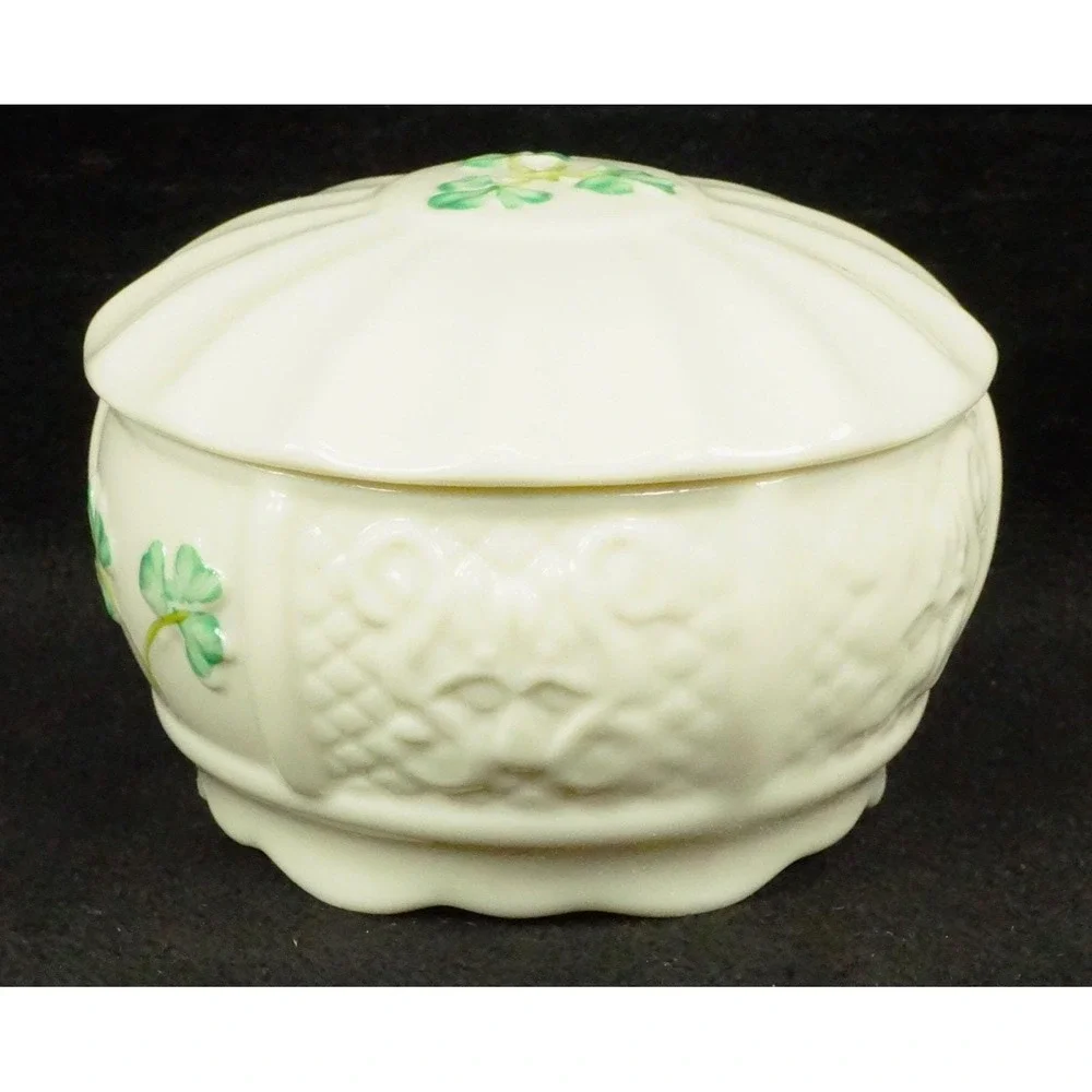 Irish Belleek Pottery Nadine Trinket Box with Lid 9th Blue Mark Signed Vtg 1990s